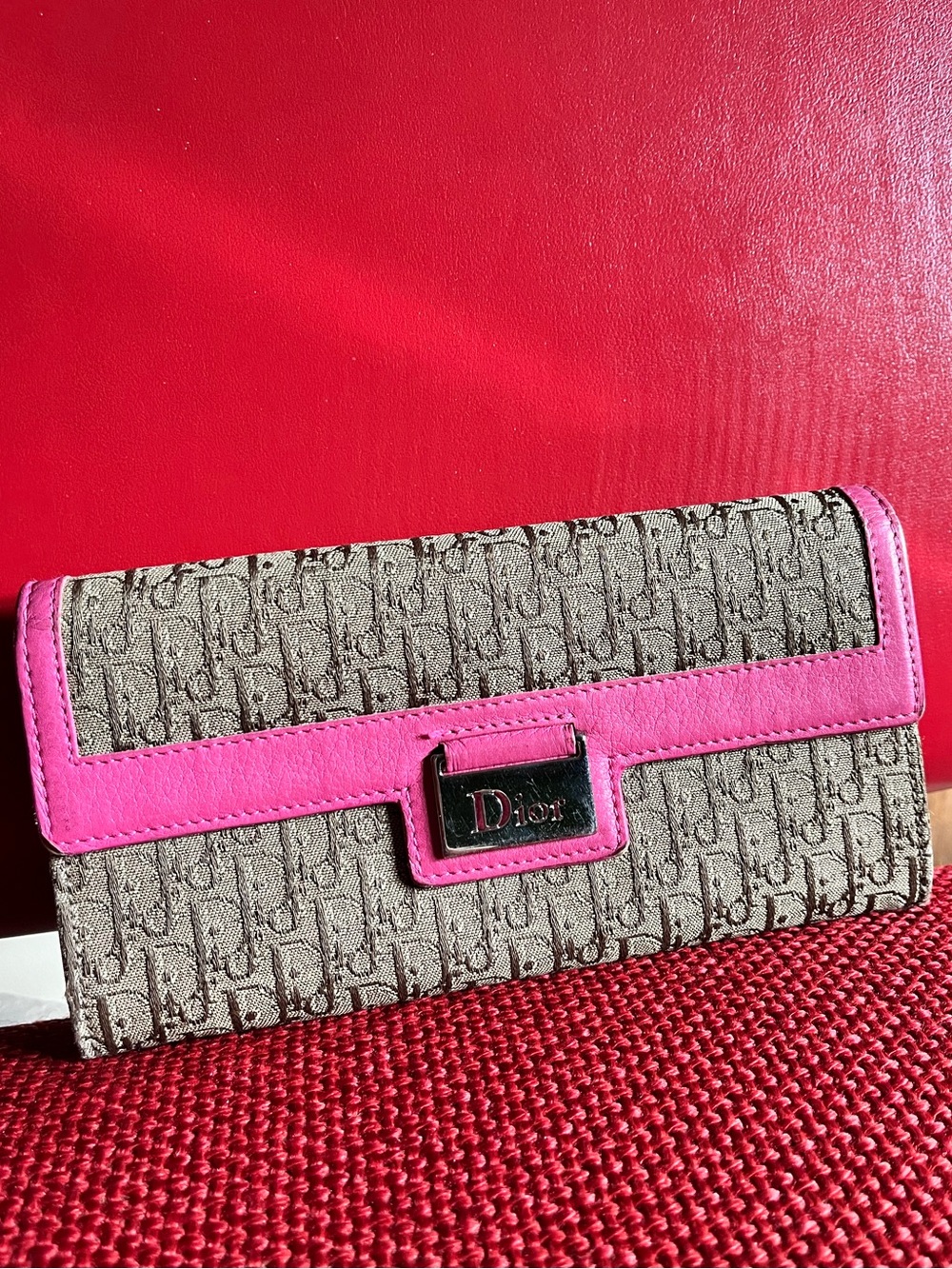 Authentic Vintage Dior Beige Monogram Continental Wallet with Pink Trim